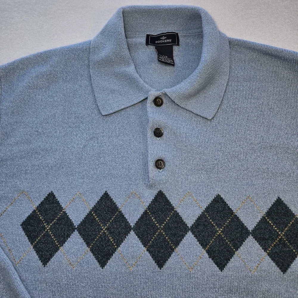 Dockers Men's Argyle Polo Sweater Blue Knit Pullover Vintage Old Money Preppy L‎